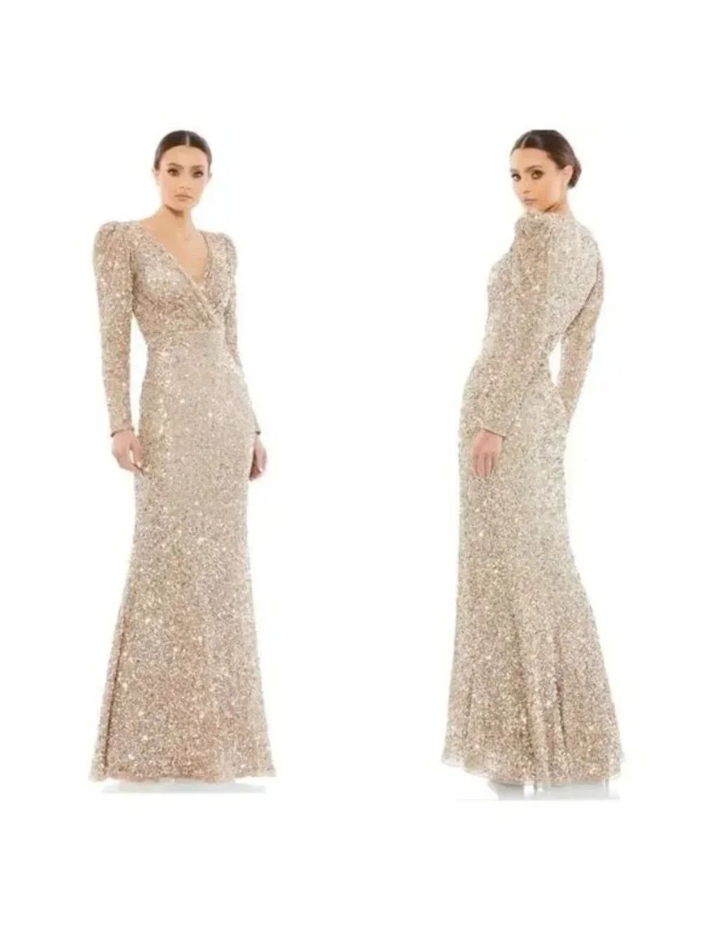 Mac Duggal Sequin Nude Sliver Long Sleeve Prom Dress Formal Gown Size 2